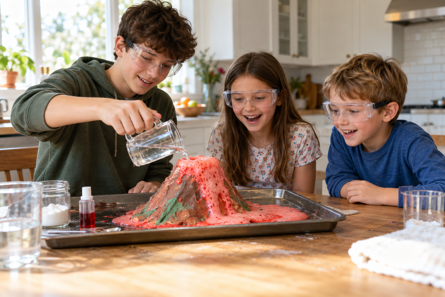 Postcard illustration of two children in safety goggles enjoying a volcano experiment at the kitchen bench